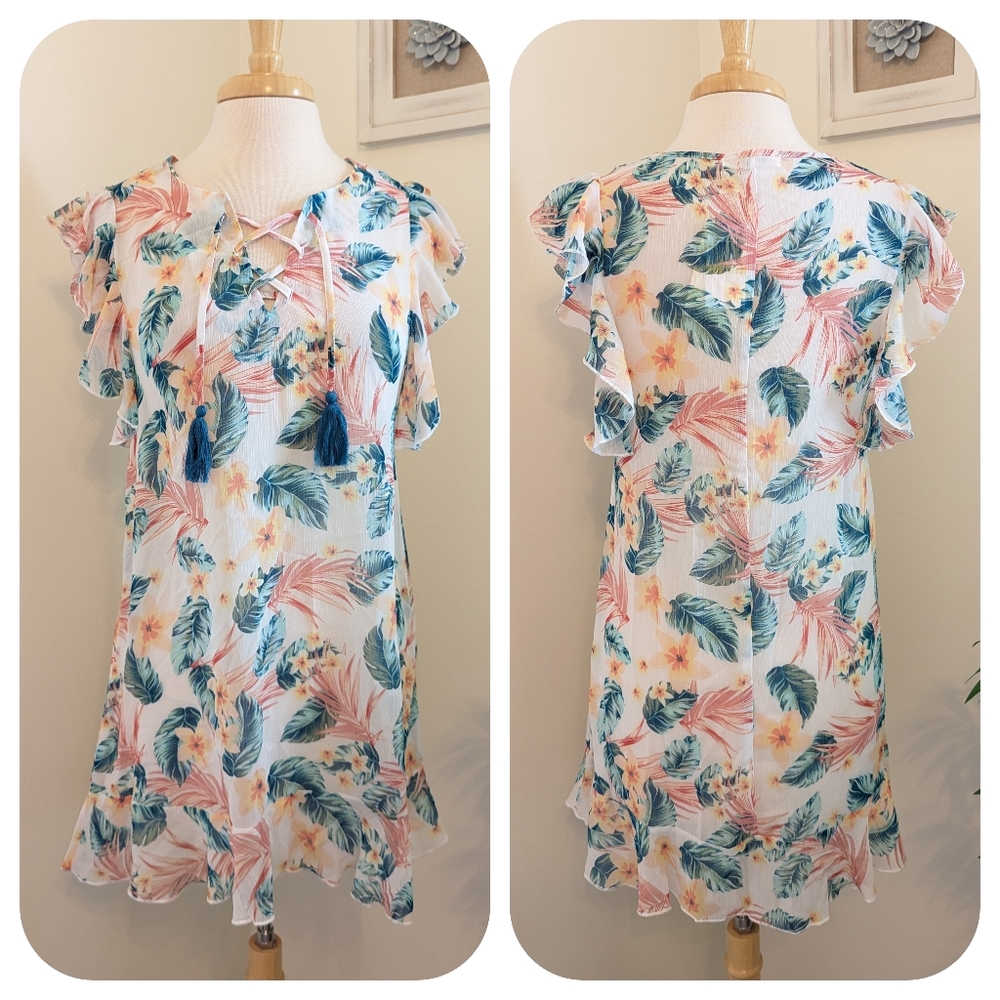 Miken Swim Tropical Floral Palm Leaf Cover Up Dress Multicolor Medium